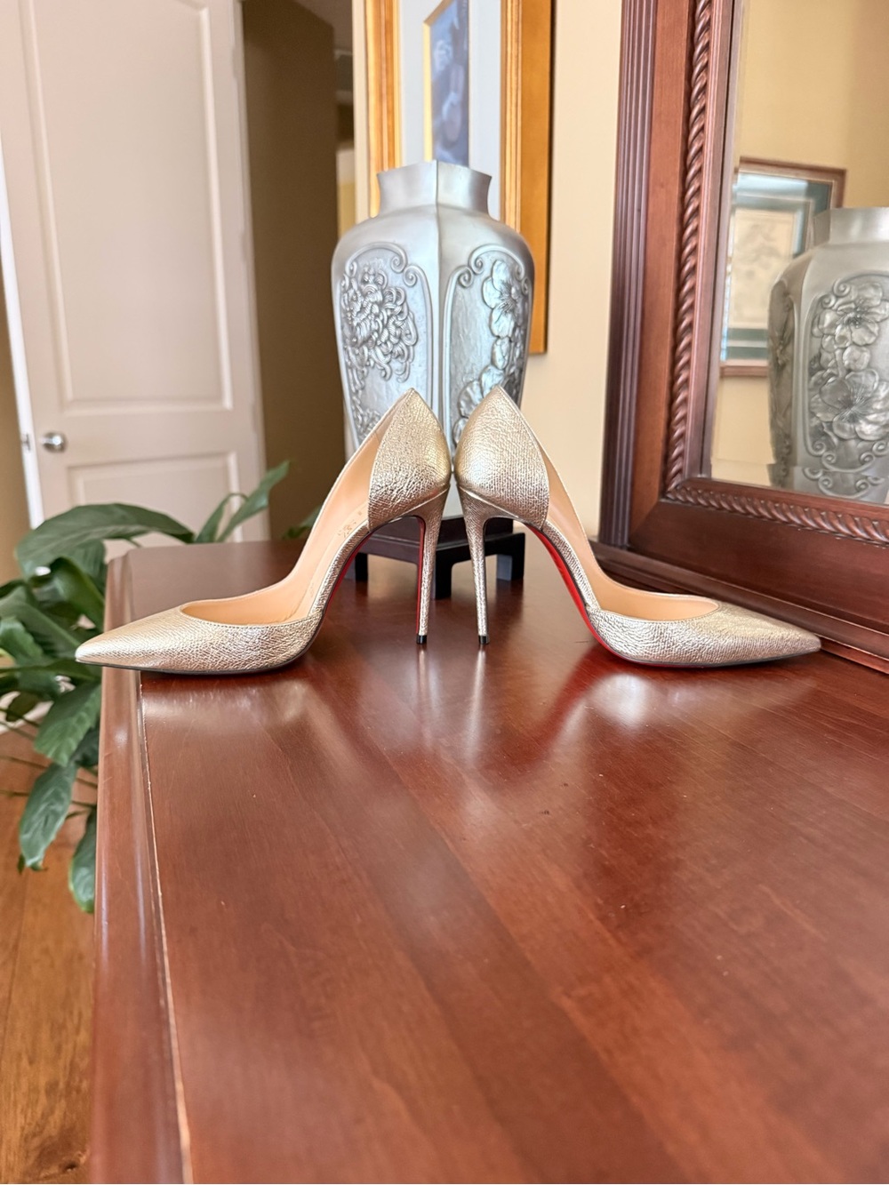 Christian Louboutin Gold Metallic Pointed-Toe Stiletto Pumps